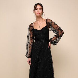 Lulus Darling Charisma Black Mesh Embroidered Midi Dress - Size L